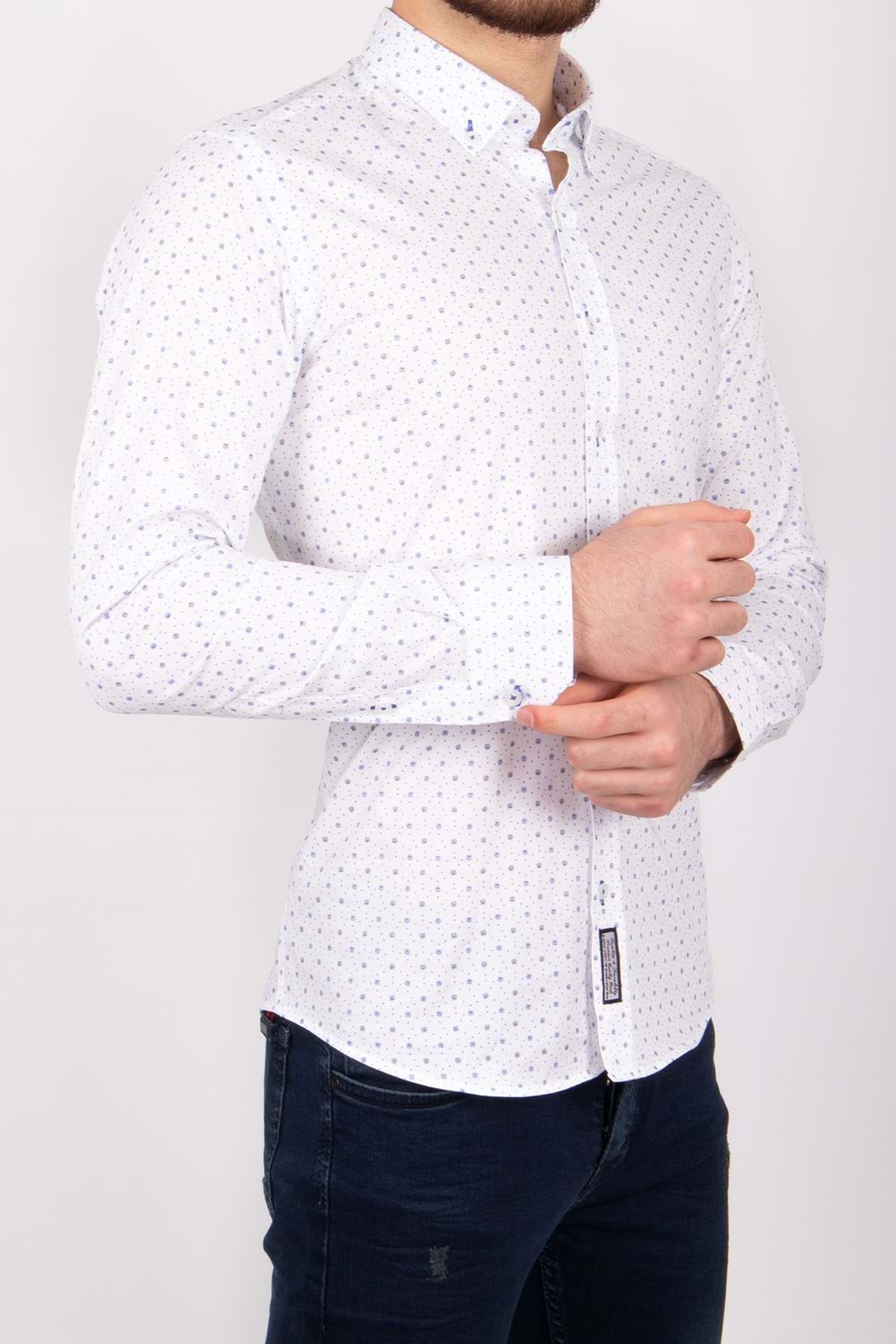 Assente Beyaz Mavi Puanlı Slimfit Uzun Kol Erkek Gömlek