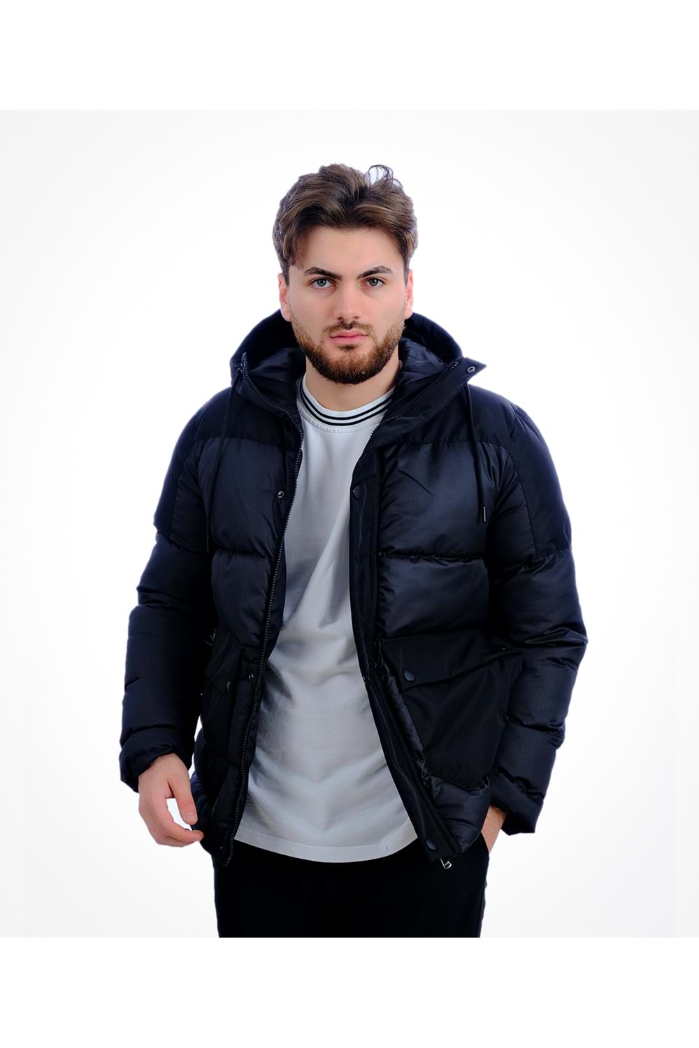 Czk Siyah Dolum Monza Şapkalı Kışlık Erkek Mont