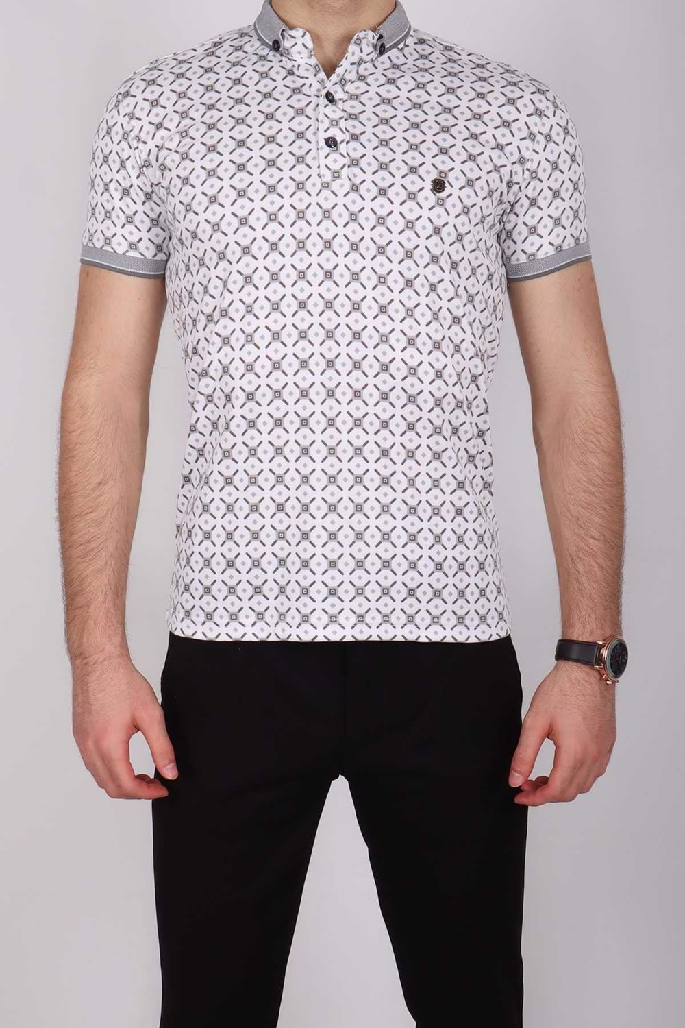 Jerox Beyaz Desenli Slim Fit Erkek Polo Yaka T-Shirt