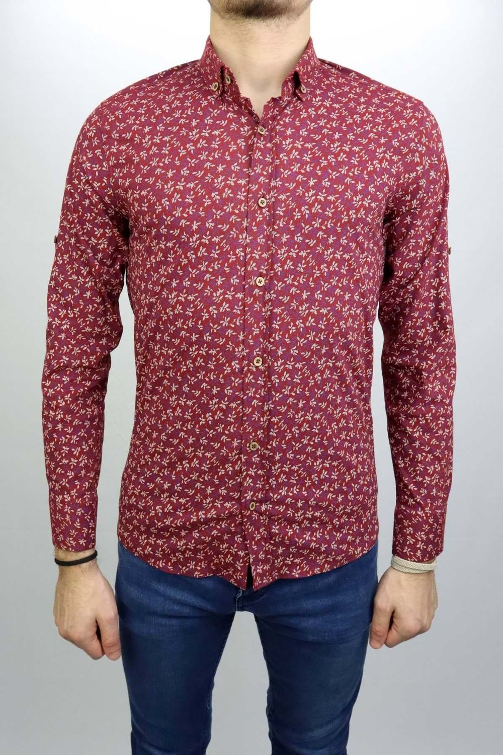 Rudo Bordo Çiçek Desenli Slim Fit Uzun Kollu Erkek Gömlek