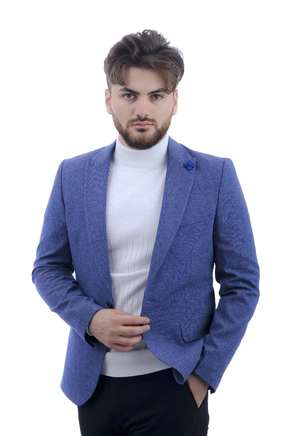 Vito Andolini Mavi Kırçıllı Slim Fit Erkek Ceket