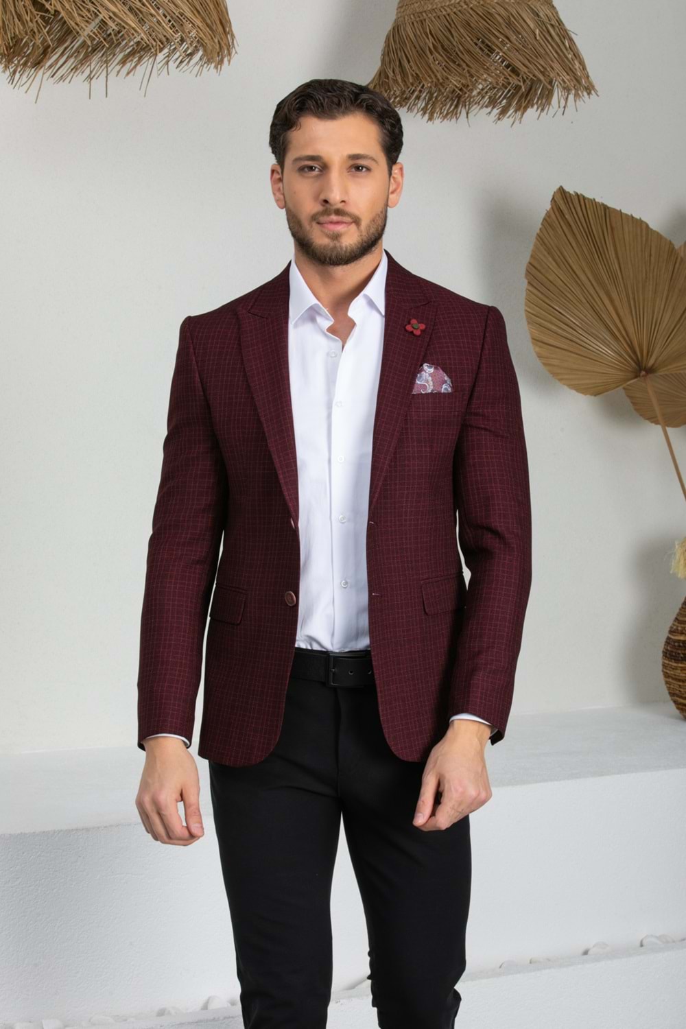 Vito Andolini Bordo Kareli Slim Fit Erkek Tek Ceket