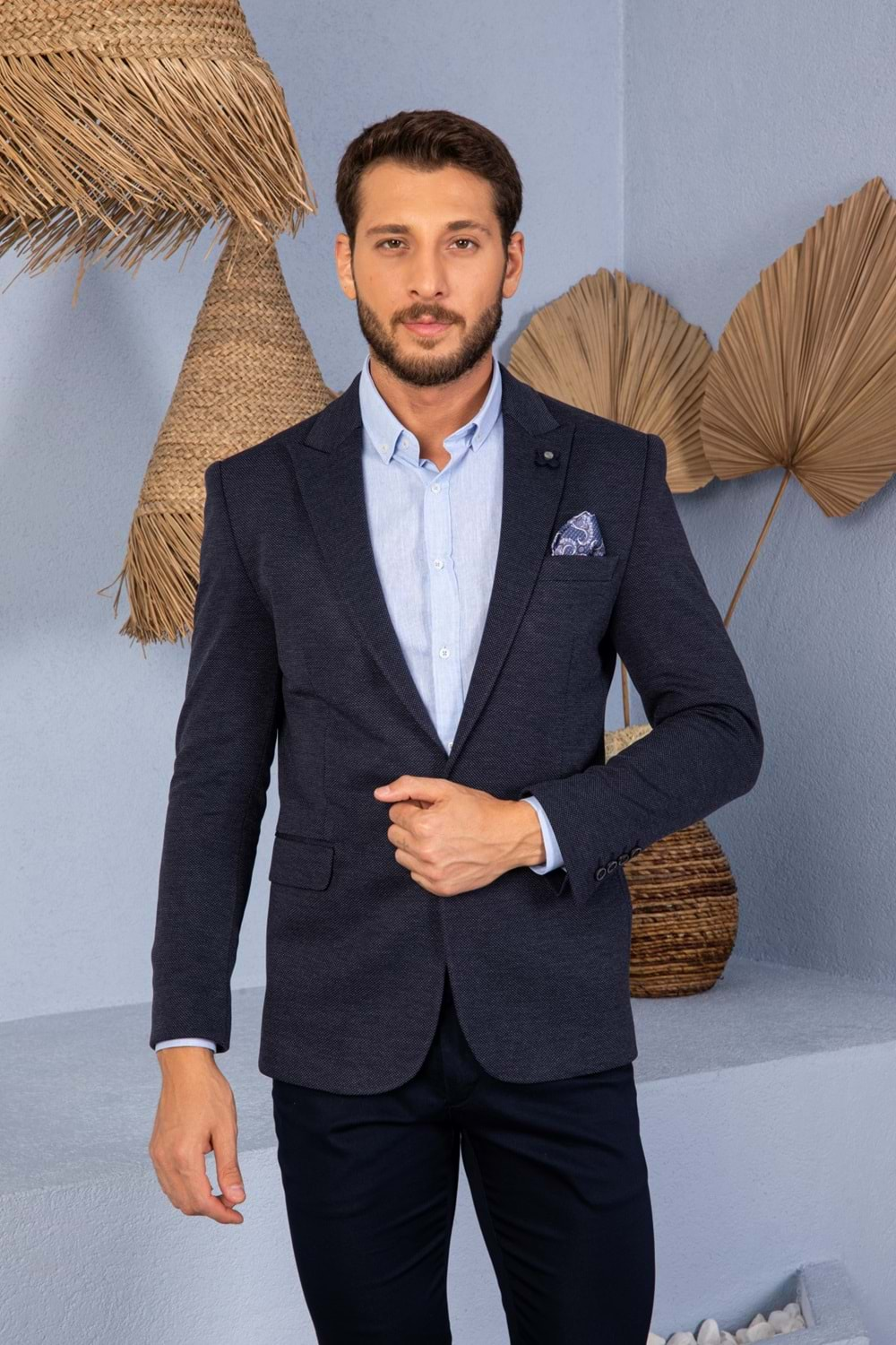 Vito Andolini Koyu Lacivert Desenli Slim Fit Erkek Tek Ceket