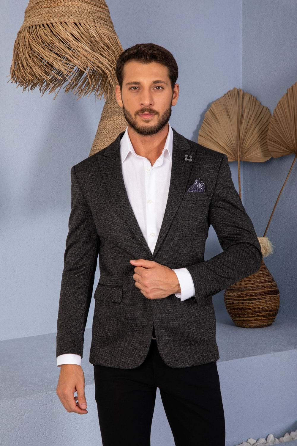 Vito Andolini Siyah Desenli Slim Fit Erkek Tek Ceket