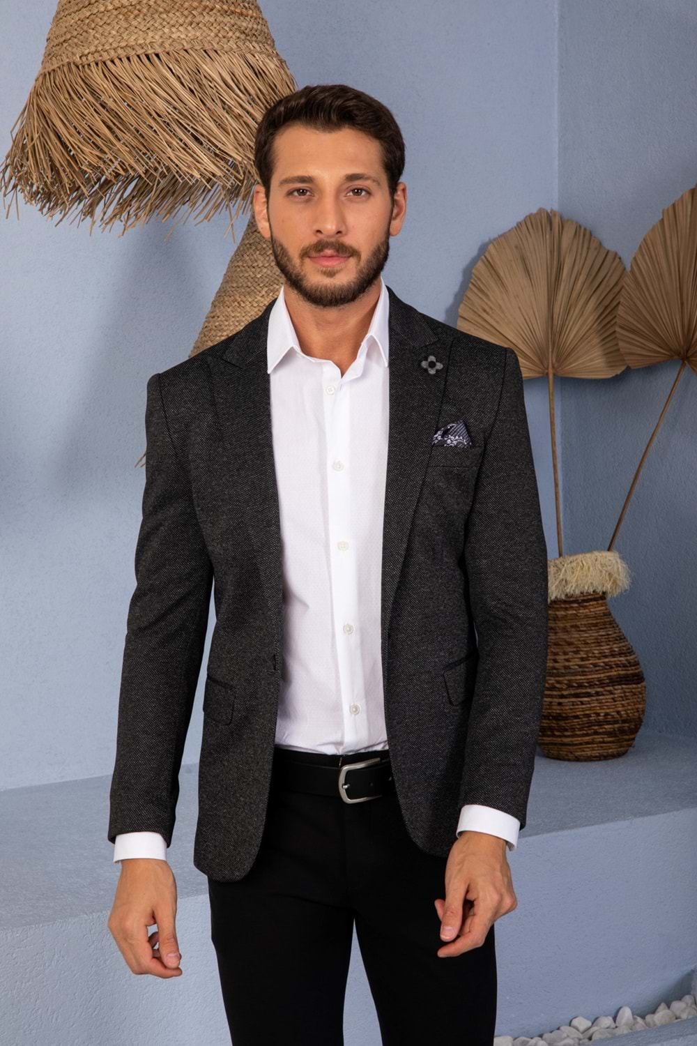 Vito Andolini Siyah Desenli Slim Fit Erkek Tek Ceket