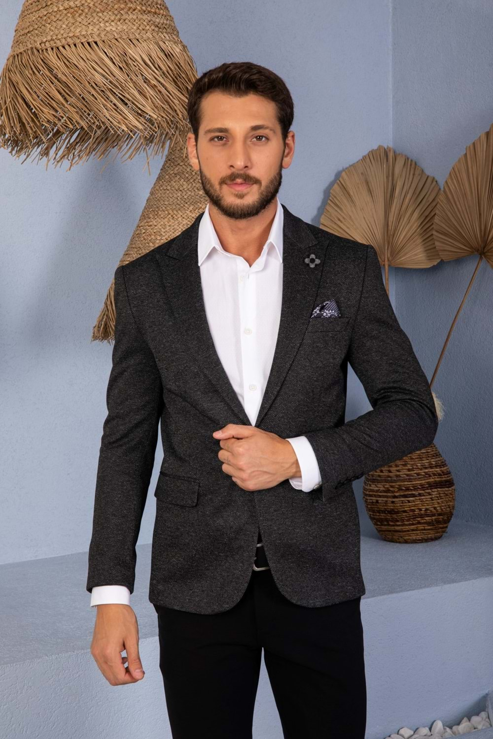 Vito Andolini Siyah Desenli Slim Fit Erkek Tek Ceket