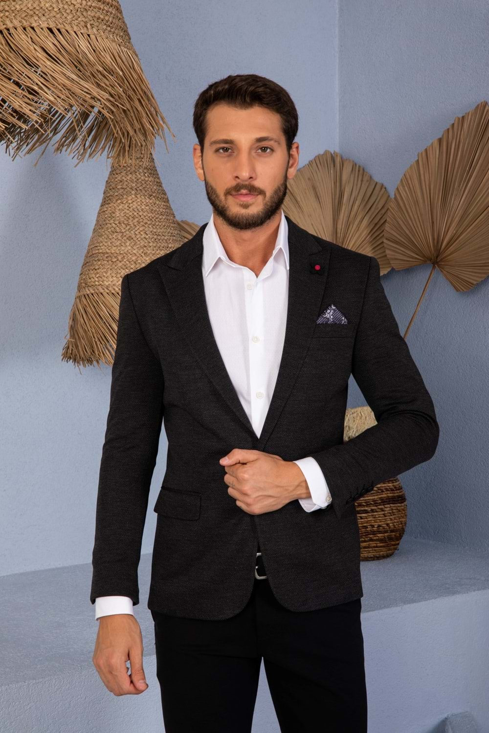 Vito Andolini Siyah Desenli Slim Fit Erkek Tek Ceket