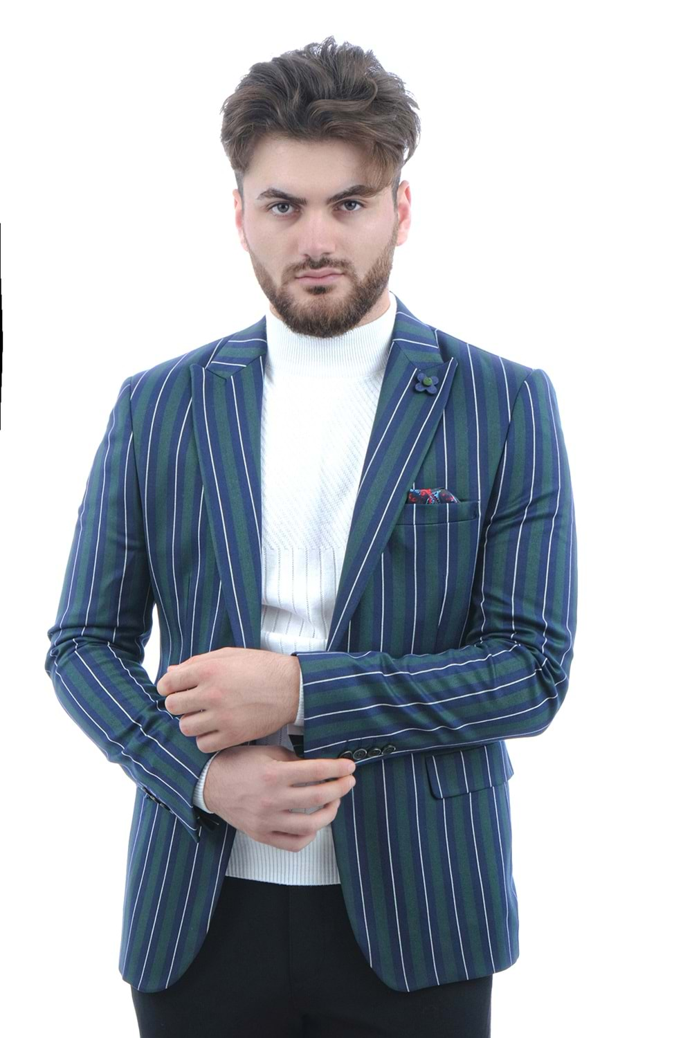 Vito Andolini Yeşil Mavi-Beyaz Çizgili Slim Fit Ceket