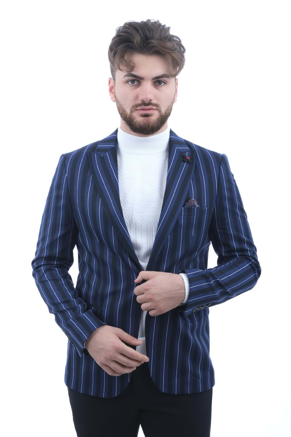 Vito Andolini Siyah Mavibeyaz Çizgili Slim Fit Ceket