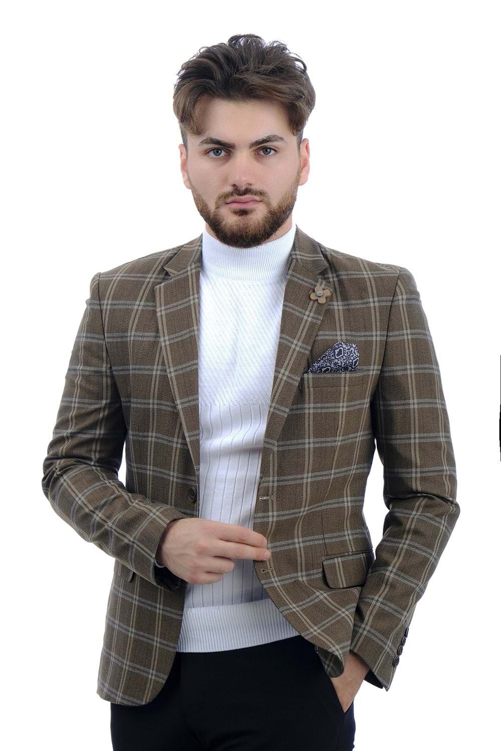 Vito Andolini Kahverengi Ekoseli Slim Fit Erkek Ceket