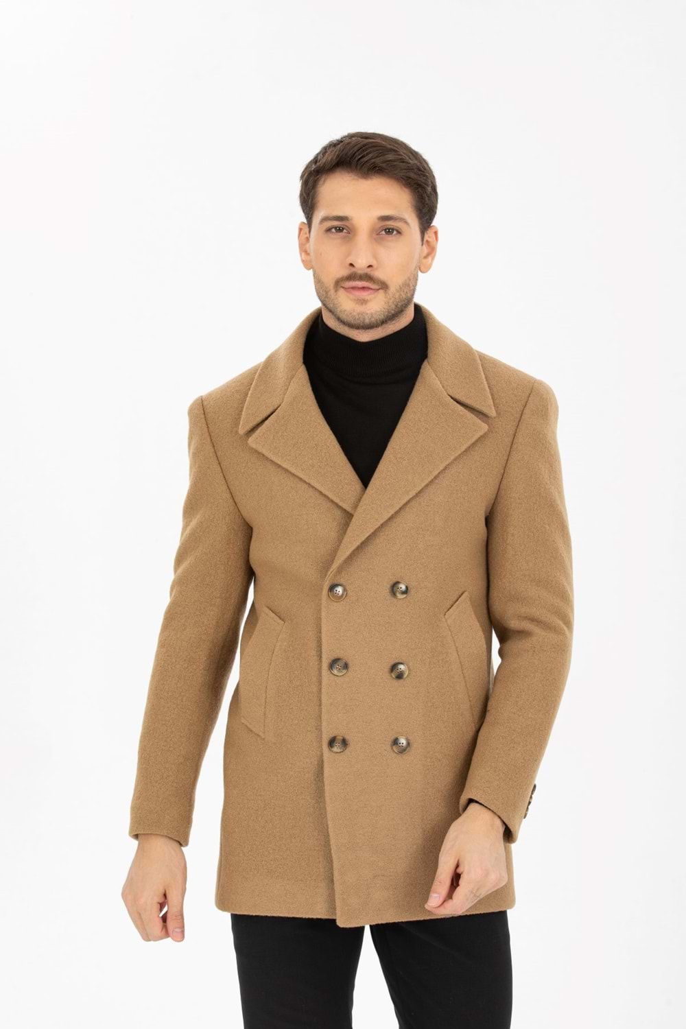 Vito Andolini Kahverengi Kaşmir Slim Fit Kruvaze Erkek Kısa Palto