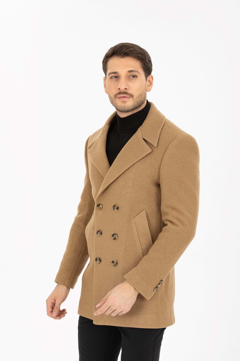 Vito Andolini Kahverengi Kaşmir Slim Fit Kruvaze Erkek Kısa Palto