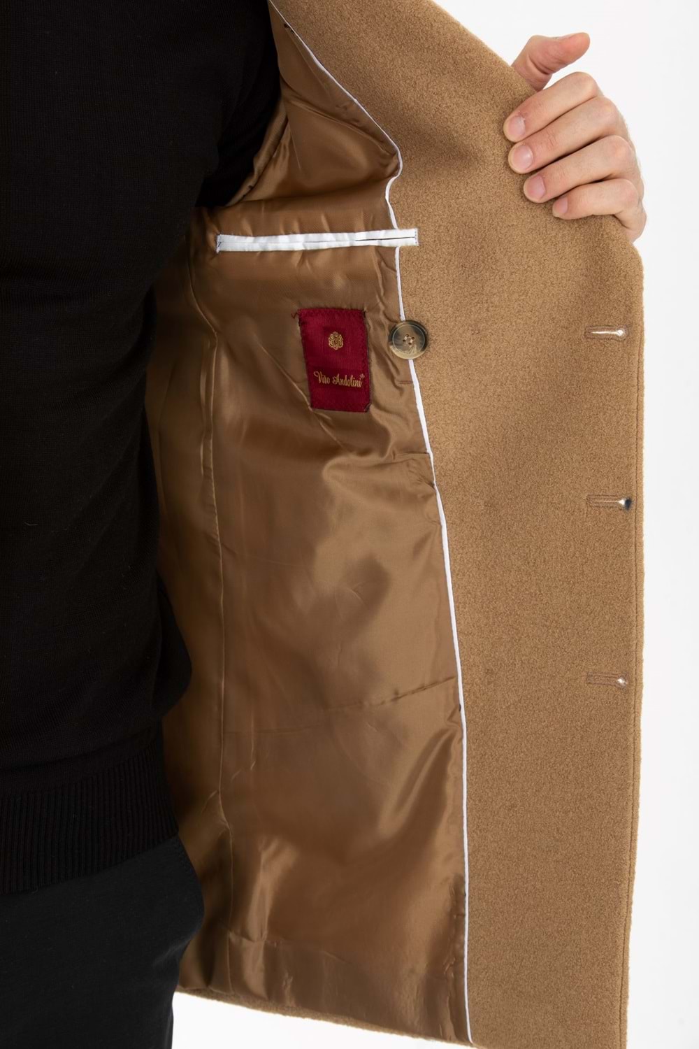 Vito Andolini Kahverengi Kaşmir Slim Fit Kruvaze Erkek Kısa Palto