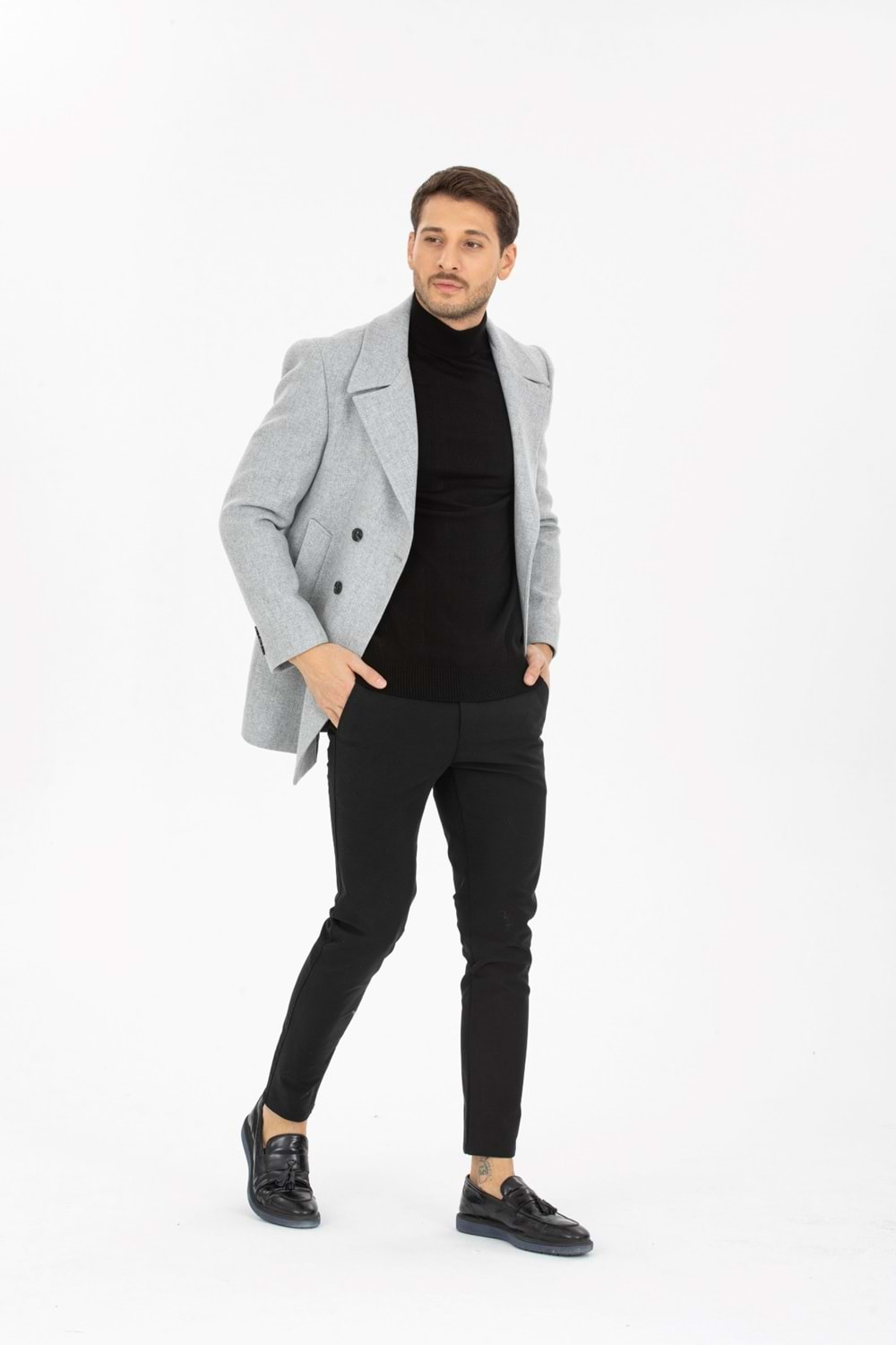 Vito Andolini Açık Gri Desenli Kaşmir Slim Fit Kruvaze Erkek Kısa Palto