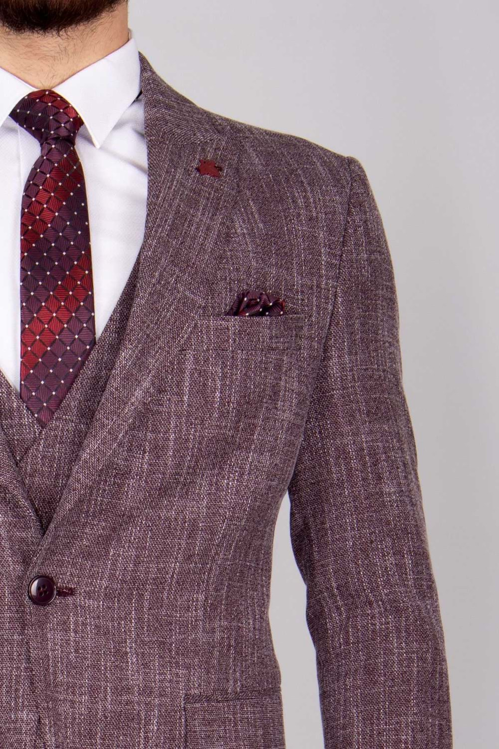 Vito Andolini Bordo Slim Fit Yelekli Erkek Takım Elbise