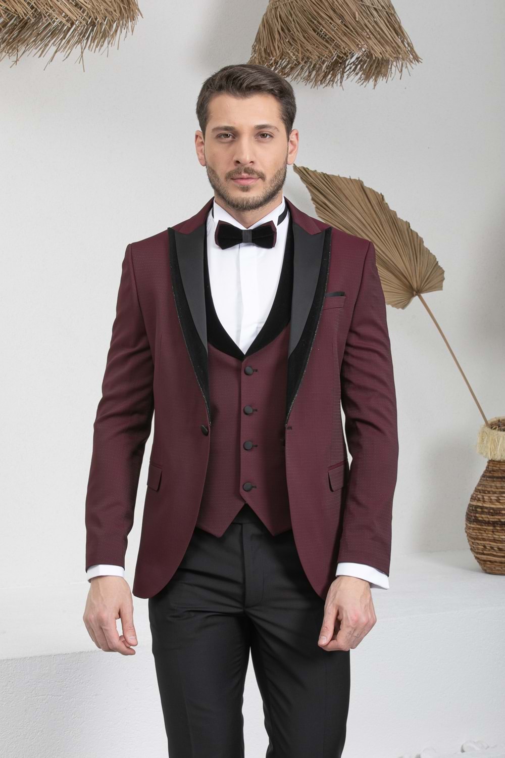 Zayfa Bordo Slim Fit Kadife Saten Yaka Erkek Damatlık Smokin