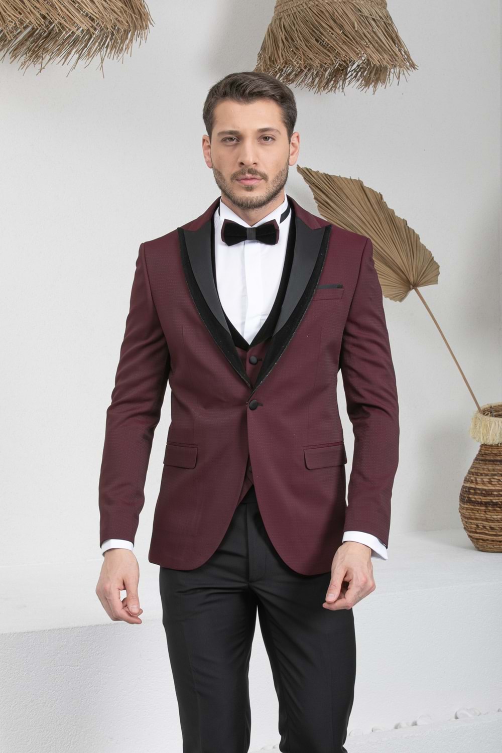 Zayfa Bordo Slim Fit Kadife Saten Yaka Erkek Damatlık Smokin