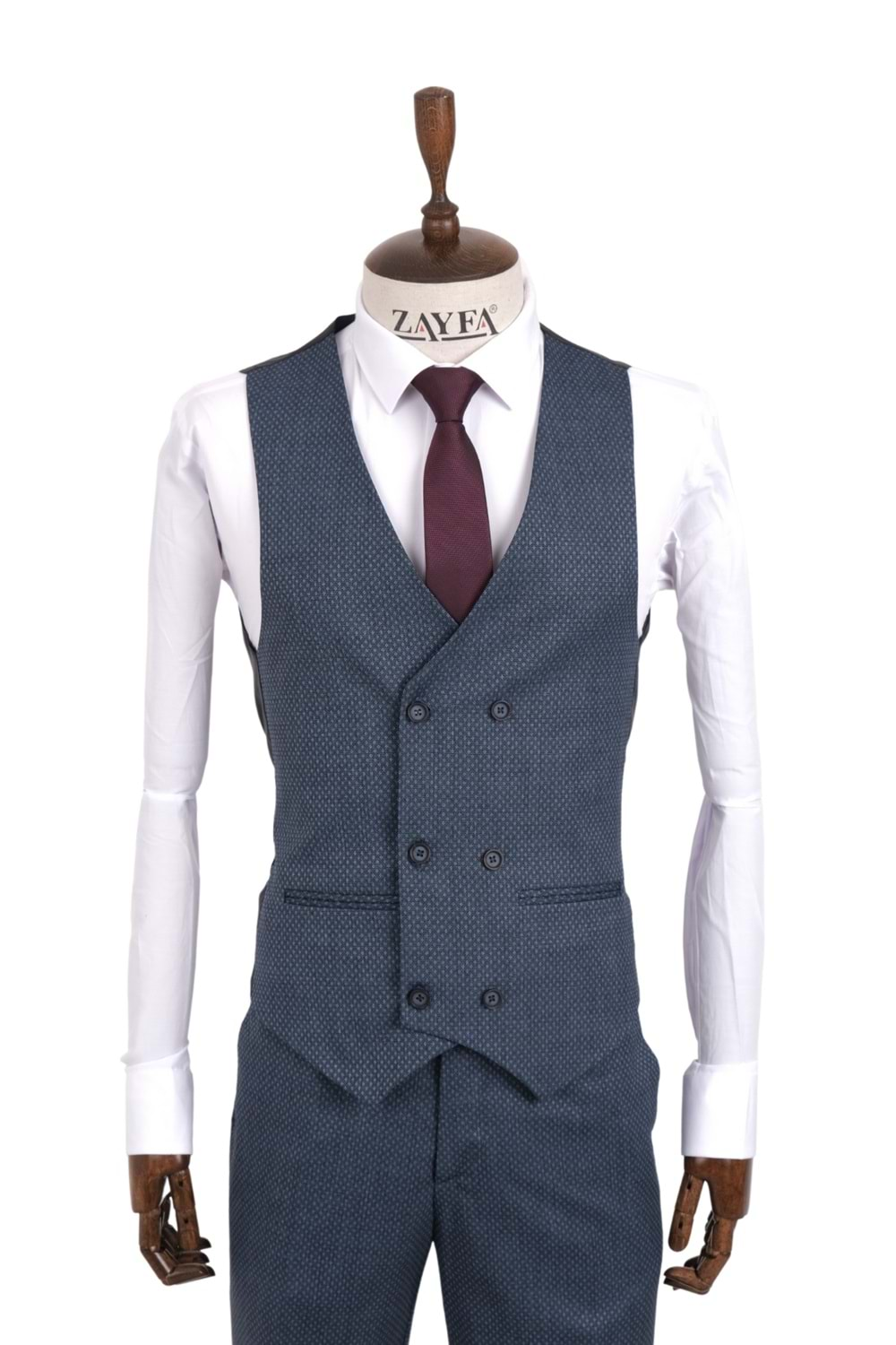 Zayfa Mavi Armürlü Slimfit Yelekli Erkek Takım Elbise