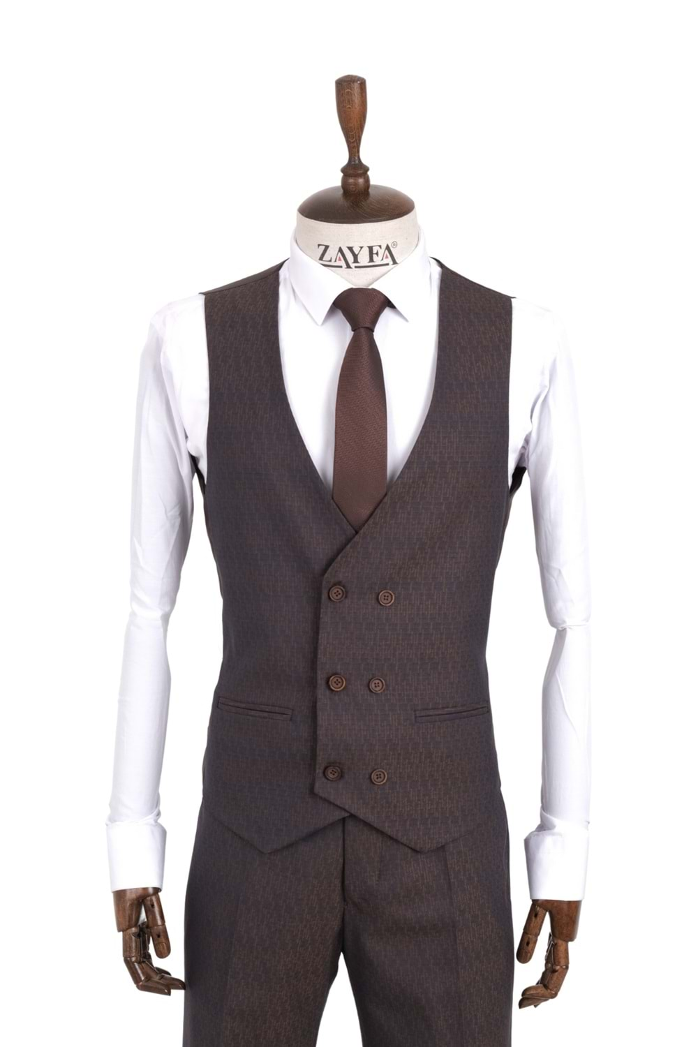 Zayfa Kahve Slim Fit Yelekli Erkek Takım Elbise