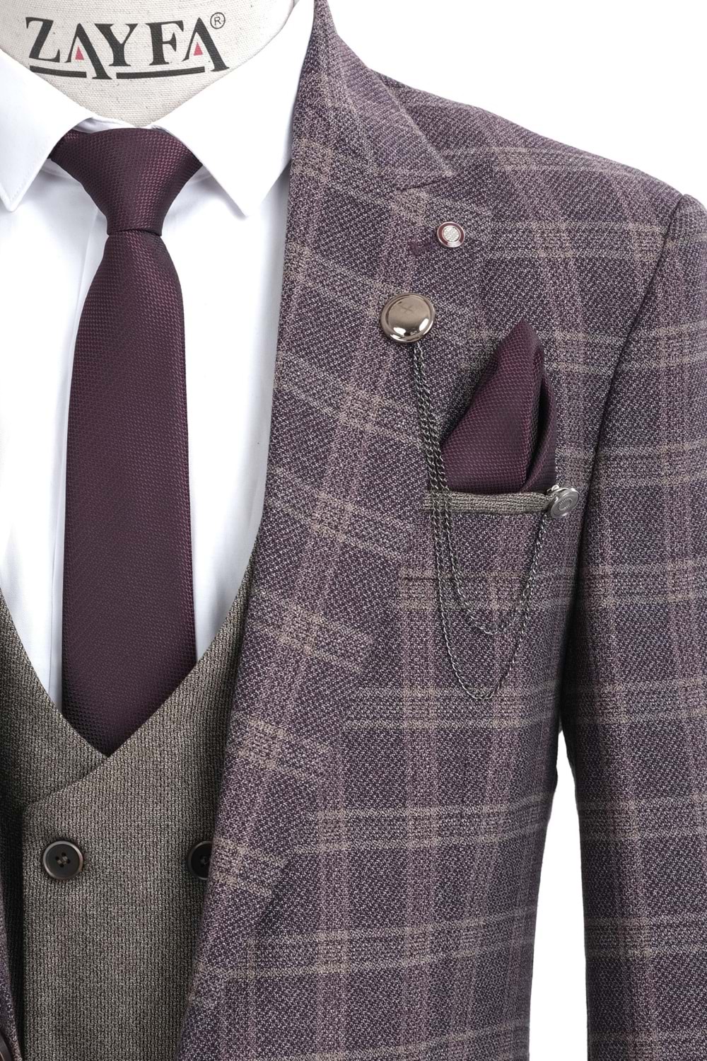 Zayfa Bordo Erkek Slimfit Yelekli Takım Elbise