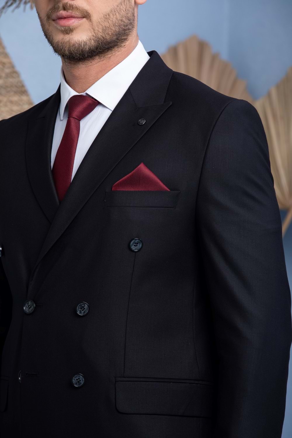 Zayfa Siyah Slim Fit Kruvaze Erkek Takım Elbise