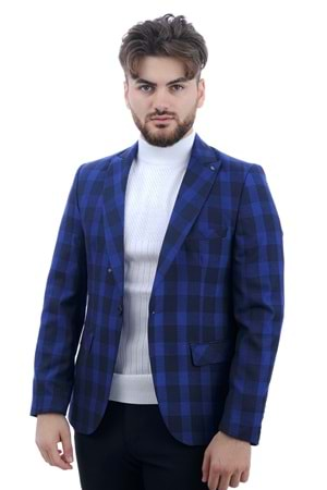 Vito Andolini Siyah - Mavi Kareli Slim Fit Tek Ceket