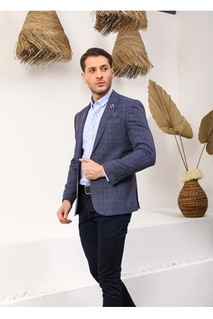 Vito Andolini Lacivert Desenli Slim Fit Tek Ceket