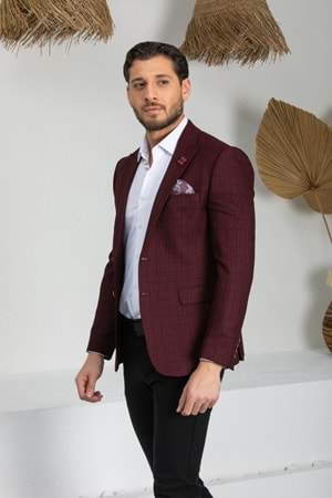Vito Andolini Bordo Kareli Slim Fit Erkek Tek Ceket