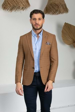 Vito Andolini Bej Kareli Slim Fit Erkek Tek Ceket