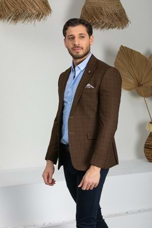 Vito Andolini Koyu Kahverengi Kareli Slim Fit Erkek Tek Ceket