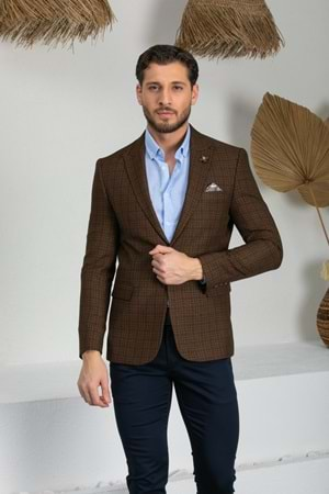 Vito Andolini Koyu Kahverengi Kareli Slim Fit Erkek Tek Ceket