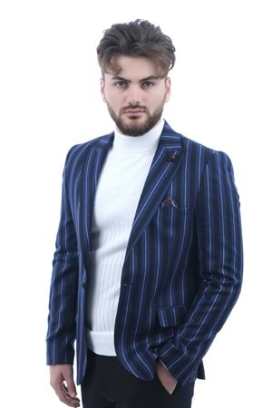 Vito Andolini Siyah Mavibeyaz Çizgili Slim Fit Ceket