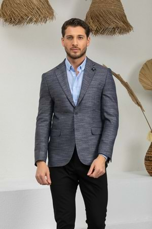 Vito Andolini Lacivert Desenli Slim Fit Erkek Tek Ceket