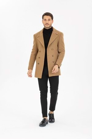 Vito Andolini Kahverengi Kaşmir Slim Fit Kruvaze Erkek Kısa Palto