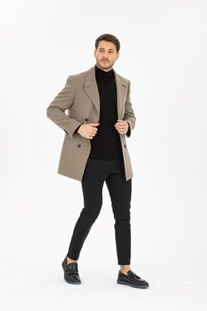 Vito Andolini Koyu Kahverengi Desenli Kaşmir Slim Fit Kruvaze Erkek Kısa Palto