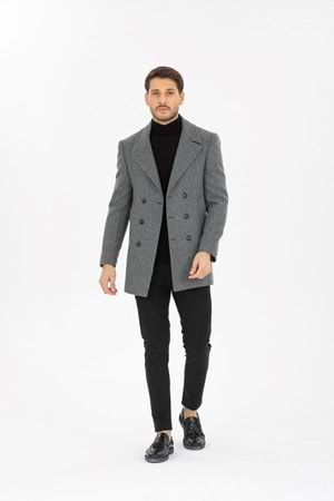 Vito Andolini Gri Desenli Kaşmir Slim Fit Kruvaze Erkek Kısa Palto