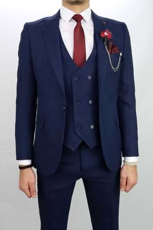 Vito Andolini Lacivert Slim fit Yelekli Erkek Takım Elbise