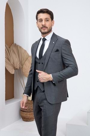 Vito Andolini Gri Çizgili Slim Fit Yelekli Erkek Takım Elbise