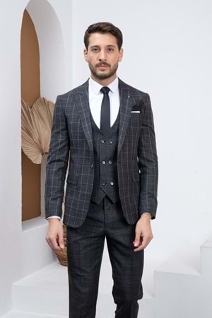 Vito Andolini Siyah Ekoseli Kombin Slimfit Erkek Takım Elbise