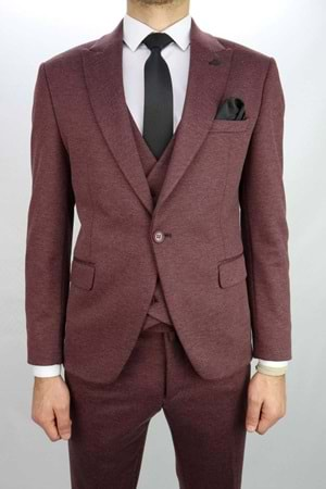 Vito Andolini Bordo Slim Fit Yelekli Erkek Takım Elbise