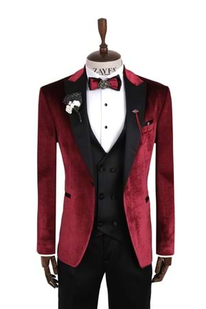 Zayfa Bordo Slim Fit Saten Yaka Erkek Damatlık Smokin