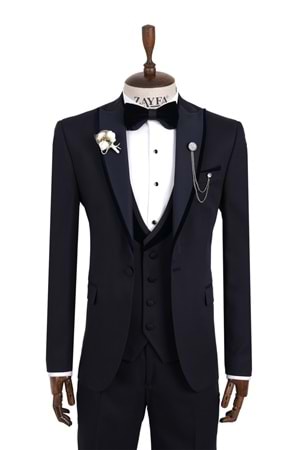 Zayfa Lacivert Slim Fit Saten Yaka Damatlık Smokin