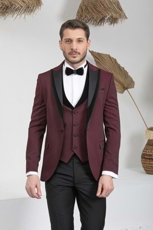 Zayfa Bordo Slim Fit Kadife Saten Yaka Erkek Damatlık Smokin