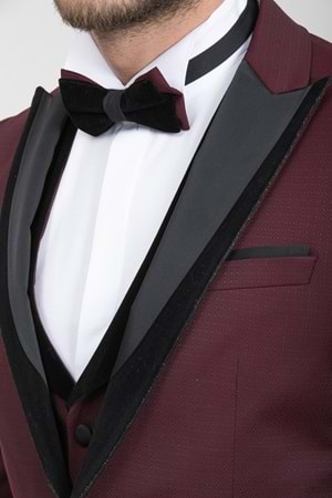 Zayfa Bordo Slim Fit Kadife Saten Yaka Erkek Damatlık Smokin