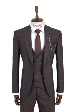 Zayfa Kahve Slim Fit Yelekli Erkek Takım Elbise