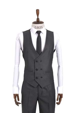 Zayfa Koyu Gri Slim Fit Yelekli Erkek Takım Elbise