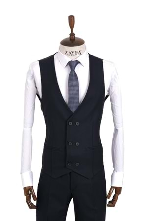 Zayfa Lacivert Slim Fit Erkek Yelekli Takım Elbise