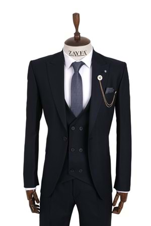 Zayfa Lacivert Slim Fit Erkek Yelekli Takım Elbise