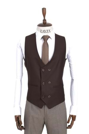 Zayfa Kahve Erkek Slim Fit Yelekli Kombin Takım Elbise