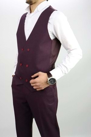 Zayfa Bordo Çift Düğmeli Erkek Yelek Pantolon